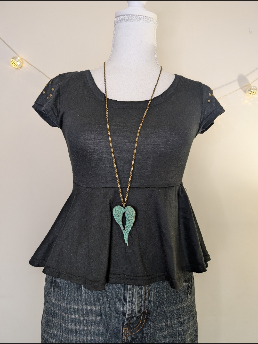 Black Peplum Crop Top with Studded Shoulders